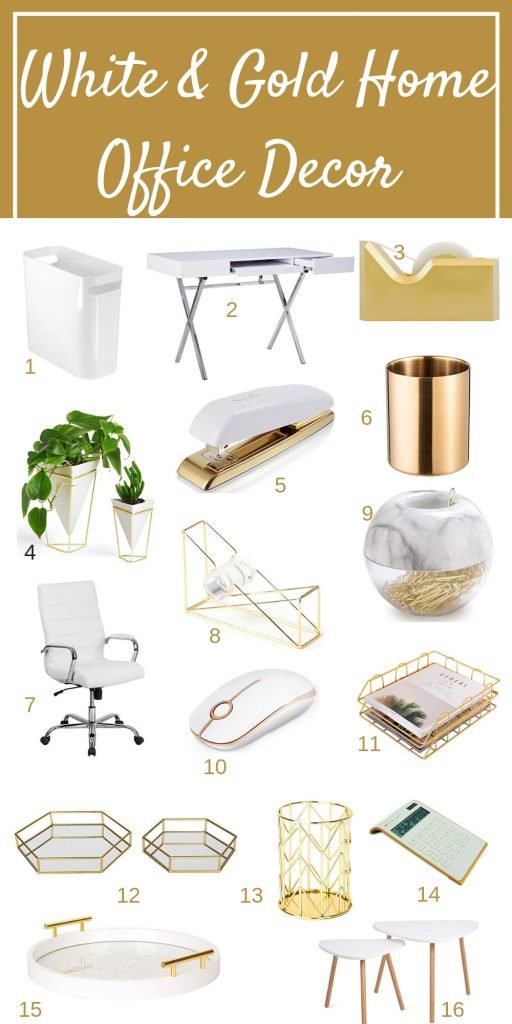 White and Gold home office ideas for a beautiful home office that is functional. feminine and chic. This post covers home office ideas to make working from home enjoyable #homeofficeideas #whitehomeofficedecor #workfromhome