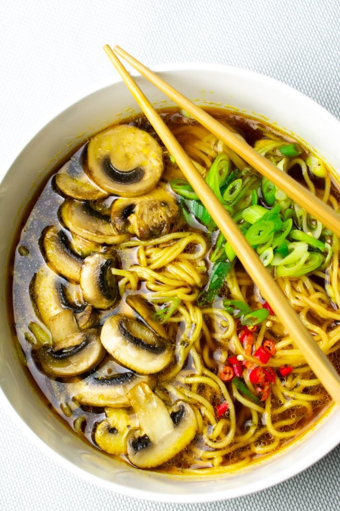 Mushroom noodle soup cooked in vegetable broth. This is an easy ramen recipe that is perfect for a winter evening. 