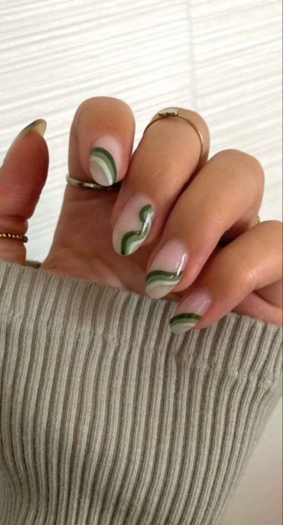 sage green wavy lines nails