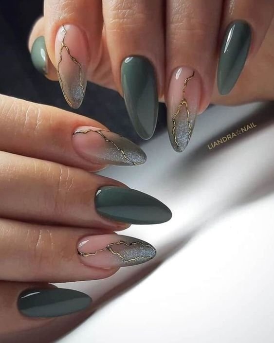 gold and sage green accent nails