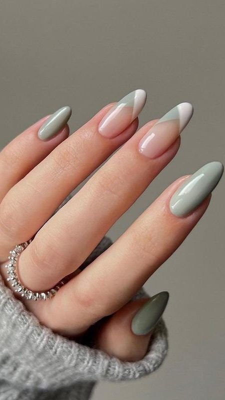 negative nails with white and sage green tips